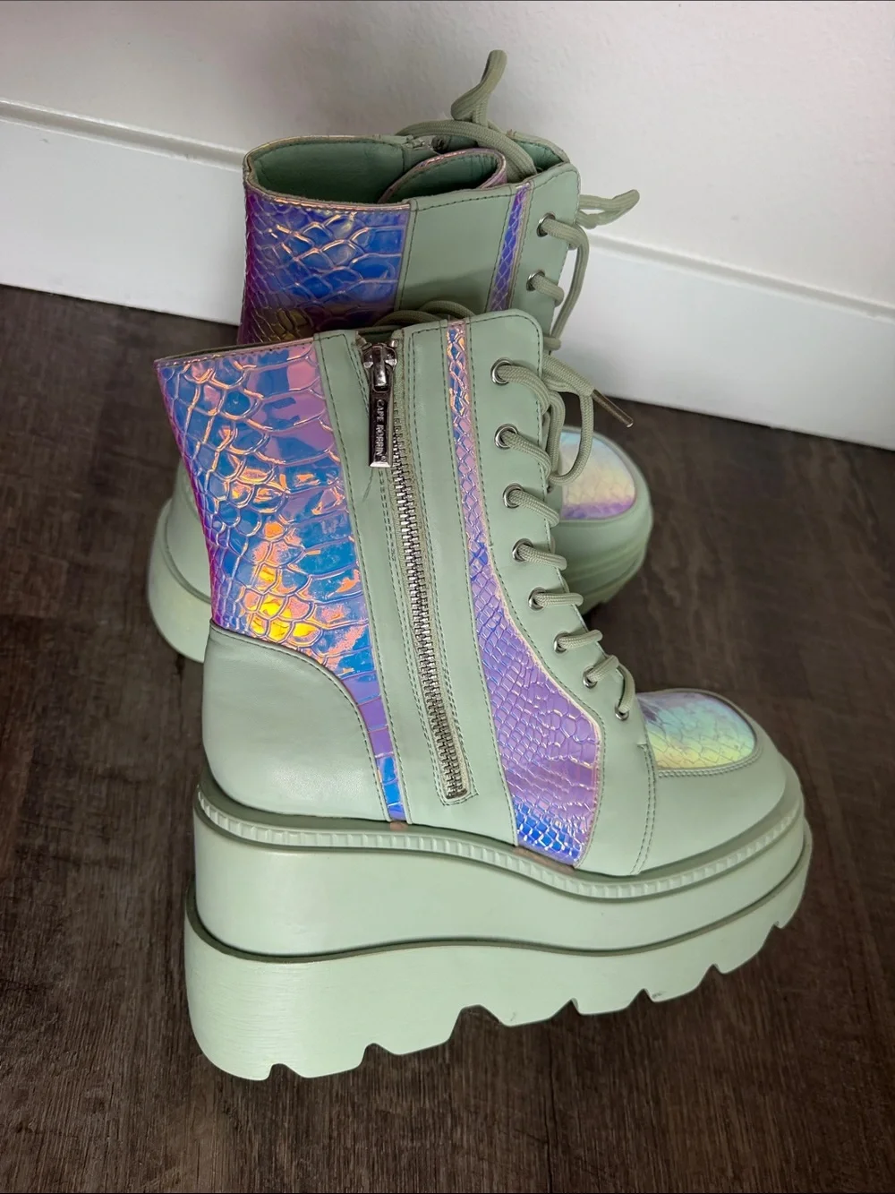 Cape Robbin Mint Green Platform Combat Boots with Iridescent Panels